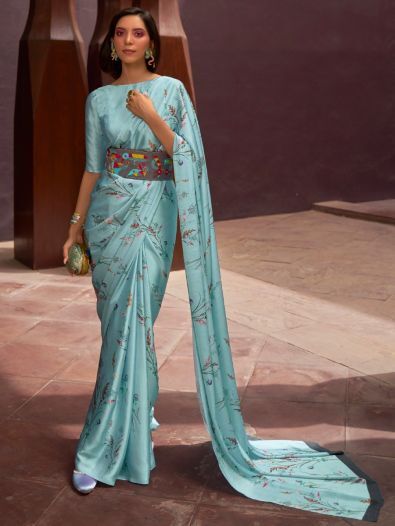 Gorgeous Sky Blue Floral Printed Satin Party Wear Saree With Blouse