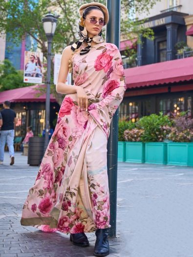 Magnificent Light Pink Floral Printed Silk Saree With Blouse