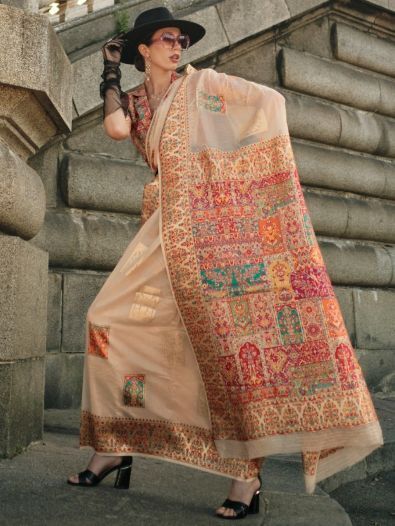 Alluring Beige Zari Weaving Silk Function Wear Saree With Blouse