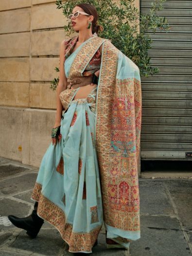 Splendid  Sky-Blue Zari Weaving Silk Festive Wear Saree With Blouse