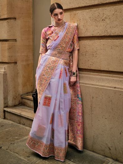 Pretty Lavender Zari Weaving Silk Reception Wear Saree With Blouse
