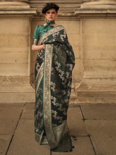 Stunning Dark Green Zari Weaving Satin Wedding Wear Saree With Blouse