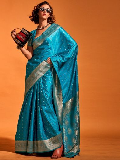 Charming Blue Zari Weaving Satin Reception Wear Saree With Blouse