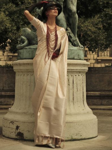 Captivating Beige Zari Woven Satin Festive Wear Saree With Blouse