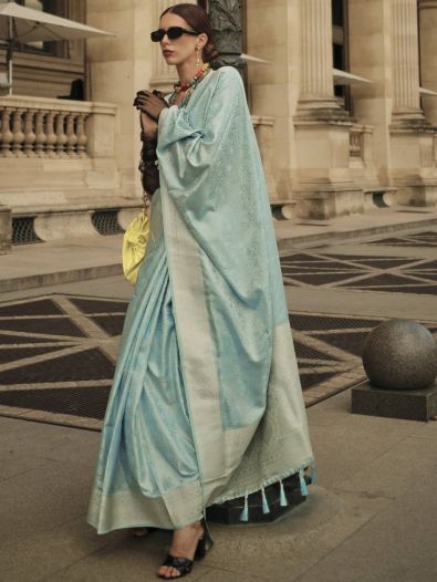 Attractive Light Blue Zari Woven Satin Festive Wear Saree With Blouse