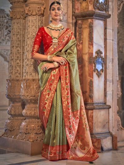 Awesome Green Zari Weaving Silk Festival Wear Saree With Blouse