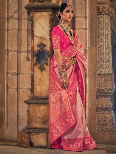 Outstanding Pink Zari Weaving Silk Engagement Wear Saree With Blouse