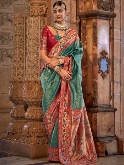 Wonderful Teal Green Zari Weaving Silk Festive Wear Saree With Blouse