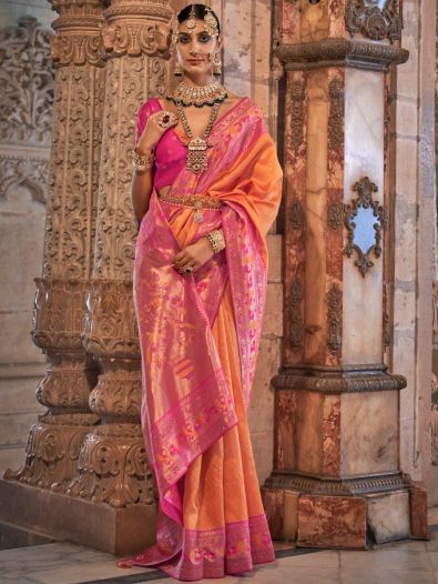 Spectacular Orange Zari Weaving Silk Festive Wear Saree With Blouse