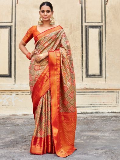 Stunning Orange Zari Weaving Silk Events Wear Saree With Blouse