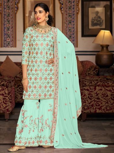 Glorious Sea Green Sequins Georgette Sharara Suit With Dupatta