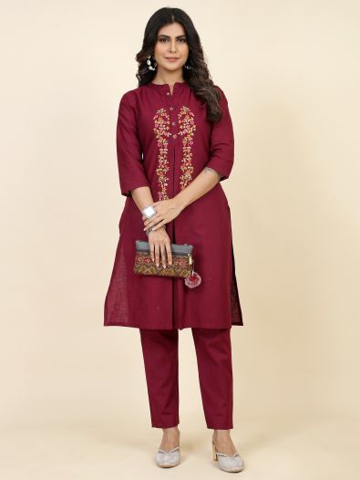 Tantalizing Maroon Embroidered Silk Festive Wear Pant Suit