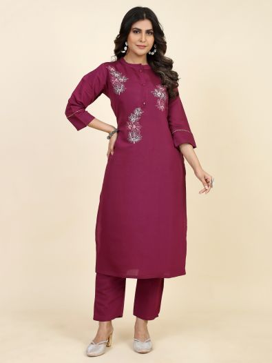Incredible Wine Embroidered Silk Function Wear Kurta With Pant