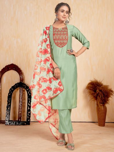 Astonishing Sage Green Embroidered Silk Traditional Pant Suit