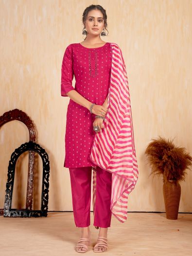 Dazzling Rani Pink Embroidered Silk Event Wear Pant Suit