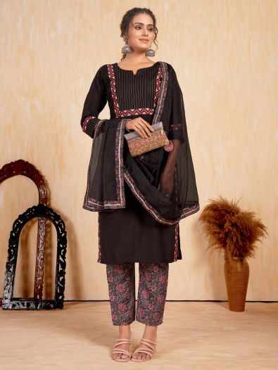 Gorgeous Black Embroidered Silk Casual Wear Pant Suit