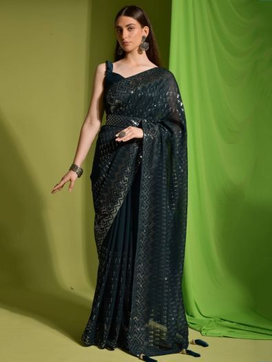 Attractive Teal Blue Sequins Georgette Function Wear Saree With Blouse