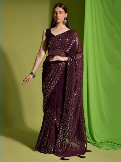 Awesome Wine Sequins Georgette Festive Wear Saree With Blouse