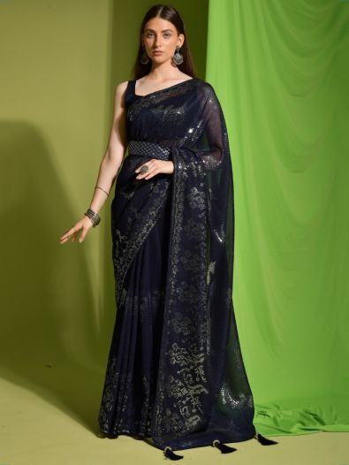Spectacular Navy Blue Sequins Georgette Party Wear Saree With Blouse