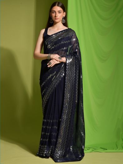 Astonishing Navy Blue Sequins Georgette Engagement Wear Saree With Blouse