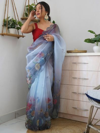 Fetching Grey Floral Printed Organza Party Wear Saree With Blouse