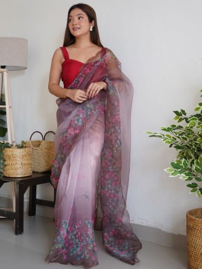 Ravishing Mauve Floral Printed Organza Saree With Blouse