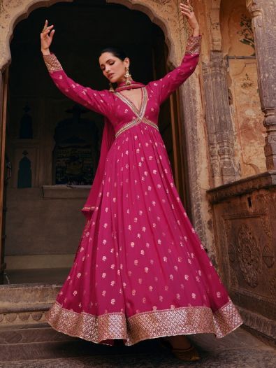 Buy Pink Embroidered Silk Gown With Dupatta Online At Zeel Clothing
