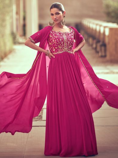Spectacular Pink Chinon Embroidered Festival Wear Gown With Koti
