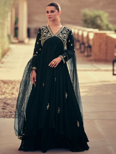 Superb Black Chinon Embroidered Party Wear Gown With Dupatta