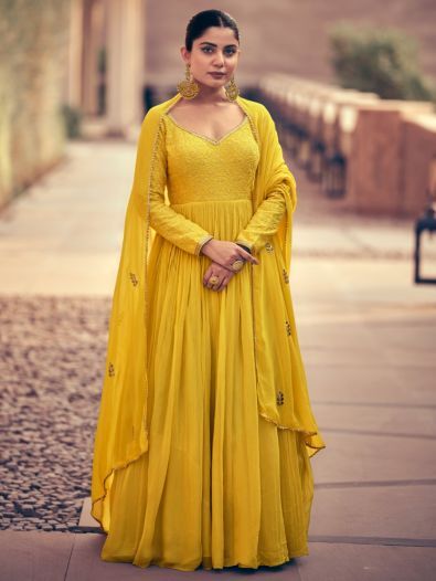 Charming Yellow Georgette Embroidered Haldi Wear Gown With Dupatta