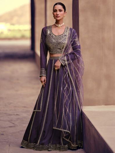Enticing Purple Sequins Silk Wedding Wear Lehenga Choli With Dupatta