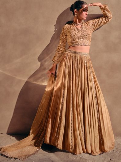 Fancified Beige Sequins Silk Reception Wear Lehenga Choli With Dupatta