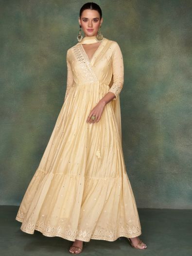 Astonishing Cream Mirror Work Silk Wedding Wear Gown With Dupatta