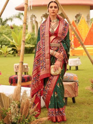 Dazzling Green Patola Printed Silk Engagement Wear Saree With Blouse