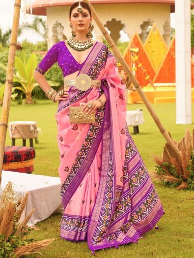 Lovely Pink Patola Printed Silk Ceremonial Wear Saree With Blouse