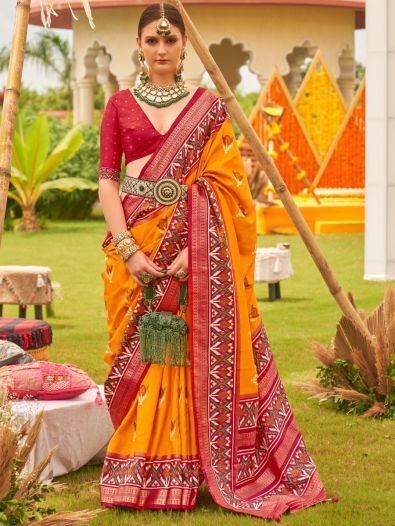 Incredible Orange Patola Printed Silk Sangeet Wear Saree With Blouse