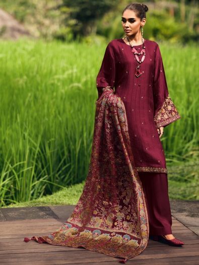 Superb Maroon Embroidered Muslin Silk Pakistani Salwar Suit