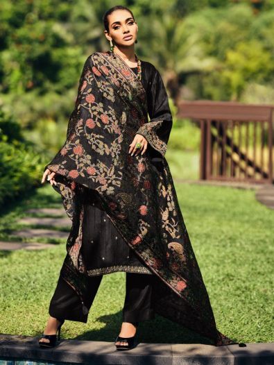 Awesome Black Embroidered Muslin Silk Pakistani Salwar Suit