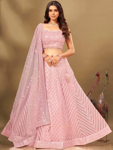 Enchanting Light Pink Sequins Net Wedding Wear Lehenga Choli