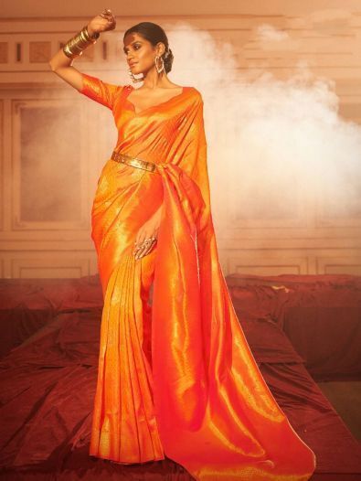 Magnetic Golden Orange Woven Silk Event Wear Saree With Blouse