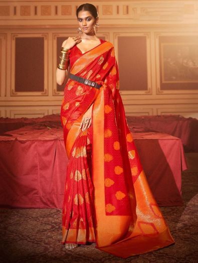 Mesmerizing Red Woven Silk Festival Wear Saree With Blouse