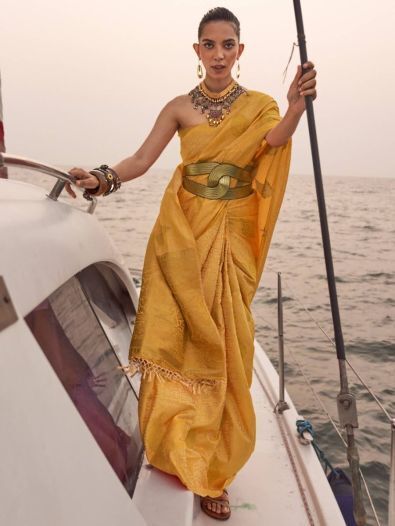 Lovable Yellow Zari Weaving Satin Silk Wedding Wear Saree 