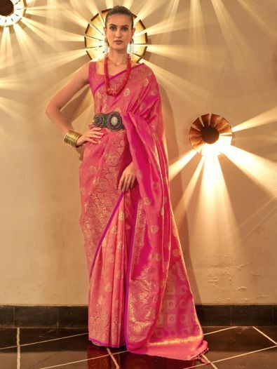 Glamorous Pink Woven Silk Wedding Wear Saree With Blouse