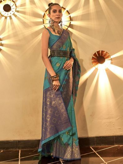 Tantalizing Teal Green Woven Silk Reception Wear Saree With Blouse