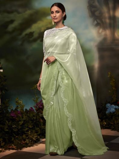 Improbable Light Green Stone Work Silk Reception Wear Saree 