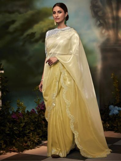 Astonishing Yellow Stone Work Silk Event Wear Saree With Blouse