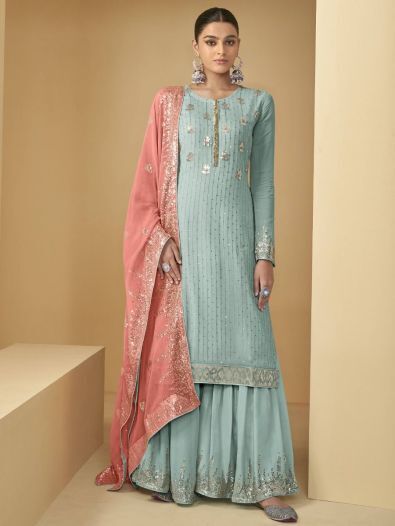 Beautiful Turquoise Embroidered Georgette Wedding Wear Sharara Suit