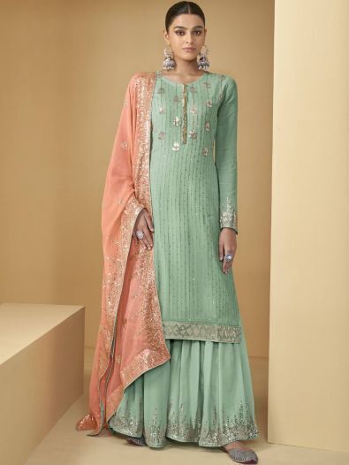 Gorgeous Sea Green Embroidered Georgette Reception Wear Sharara Suit
