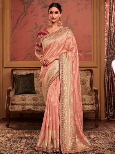 Glamorous Peach Zari Woven Silk Traditional Saree With Blouse 