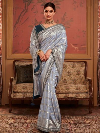 Alluring Grey Zari Woven Silk Festival Wear Saree With Blouse 